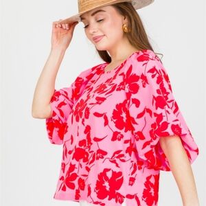 Umgee Floral Pink & Red  Short Sleeve Silky Blouse